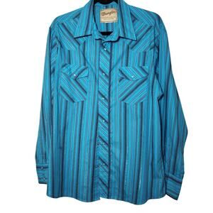 Wrangler Blue/Black/Silver Pearl Snap 
Long Sleeve Shirt Western Rustic Mens XL
